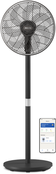 مروحة عمودية مع قاعدة من Philips بالقرب من رموز صغيرة لتطبيق Air+‎ من Philips، مقابل خلفية باللون الأزرق الفاتح.